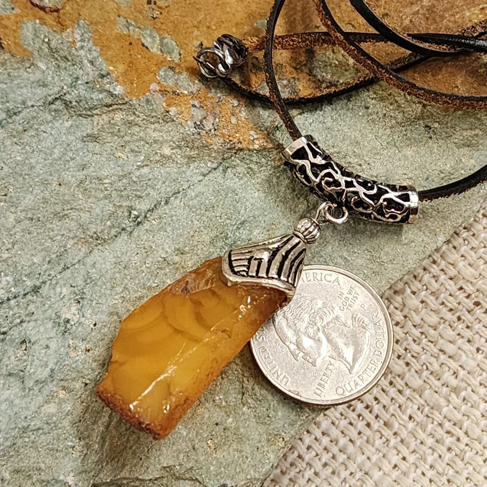 Amber Jewelry Natural Amber Nugget Rhodium Silver Pendant Genuine Leather